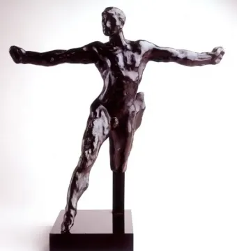 Standing Mercury, a dark bronze nude male sculpture posed with one leg lifted and both arms extended.