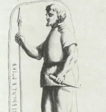 Drawing of the Stele of Avile Tite showing a bearded male figure with a spear beside an inscribed panel.