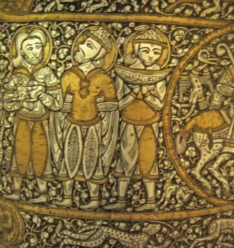 Baptistery of Saint Louis basin with a procession of standing figures and a horseman in a roundel, decorated with gold and silver inlay.