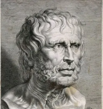 Pseudo-Seneca shown as a black-and-white engraving of a classical bust of an older man with curly hair and a beard.