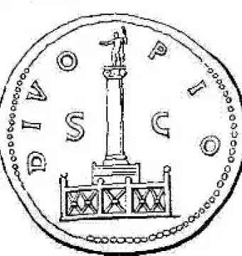 Line drawing of a coin showing the Antoninus Pius Column topped by a standing figure.