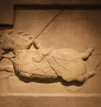 Stone relief of a horse from the Six Steeds of Zhao Mausoleum, shown in a rectangular frame with visible cracks across the weathered surface.