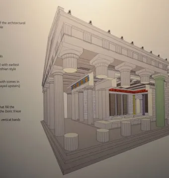 Bassae Frieze shown as a reddish-brown carved band in a temple interior diagram of the Temple of Apollo Epikourios at Bassae.