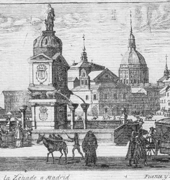 Fuente de la Abundancia in a busy Madrid square with a tiered fountain, pedestrians, horse-drawn carriages, and pack animals.