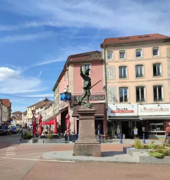 Statue of the Volunteer of 1792 on a tall stone pedestal in a city square, with historic buildings behind it.