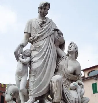 Canapone marble statue group with a standing male figure, seated woman, and two children