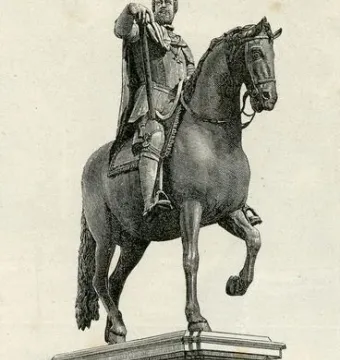 Ferdinando I de\' Medici equestrian statue showing a bearded armored rider on a horse atop a tall pedestal.