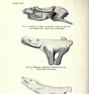 Page showing three carved animal figures, including a reindeer dagger handle, a mammoth, and an unknown animal.