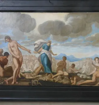 Renaissance-style painting in the Mausoleum of Prince Ernst showing emerging figures, skulls, and bones beneath a cloudy sky.