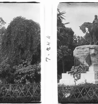 Monument to General Martínez-Campos with an equestrian statue, relief carvings, and a small cannon in a park setting.