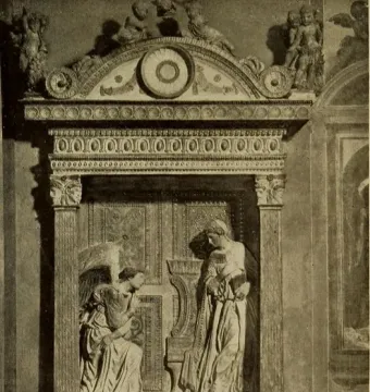 Cavalcanti Annunciation showing an angel kneeling beside a standing draped woman in an ornate wall niche with a pediment and cherubs above.