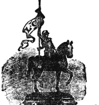 Black and white illustration of Joan of Arc on horseback holding a tall banner staff, with the statue on a pedestal.