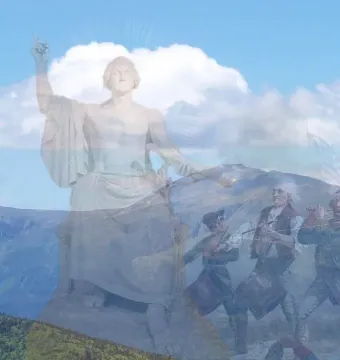 Storia, a translucent statue of George Washington superimposed over a mountain landscape and faded historical painting.