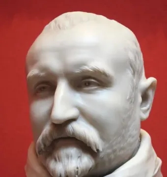 White marble bust of Carlo Antonio del Pozzo with a mustache and goatee against a red background.