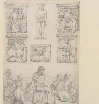 Pencil drawing of carved stone reliefs from the Nautae Parisiaci Pillar, including figures labeled Jovis and Cernunnos and a larger seated figure with listeners below.
