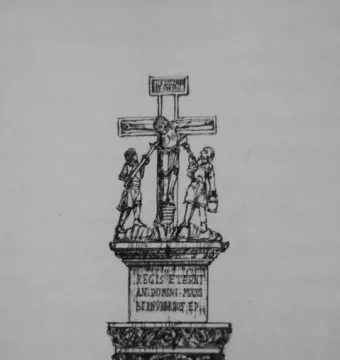 Reconstruction of the top of the Bernward Column showing a crucifixion scene above an inscribed base and spiraling relief shaft