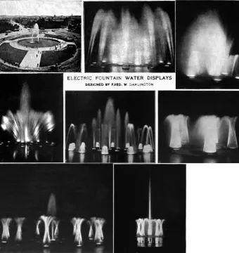 Black-and-white collage of Bailey Fountain showing multiple illuminated water patterns and a circular plaza view