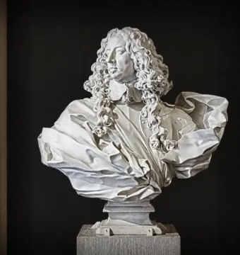 Bust of Francesco I d\'Este in white marble, showing a man with a curly wig and ruffled collar on a pedestal.