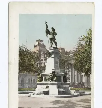 Maisonneuve Monument in Montreal, a multi-tiered monument topped by a standing figure holding a flag, with sculptures at the base and buildings behind it.