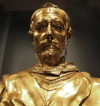 Saint Rossore Reliquary with a golden bust of a bearded man wearing an ornate collar and elaborate shoulder decoration.