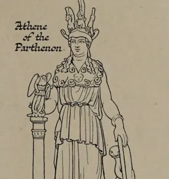 Line drawing of the Varvakeion Athena, a robed female figure wearing an ornate helmet, holding a small winged figure and resting beside a shield with a serpent.