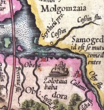 Detail from an old map showing Zolotaia Baba as a seated figure on a rectangular platform, holding a smaller object in her lap.