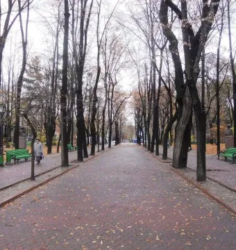 Alley of Classics lined with leafless trees, park benches, and sculptures on pedestals along a paved walkway.