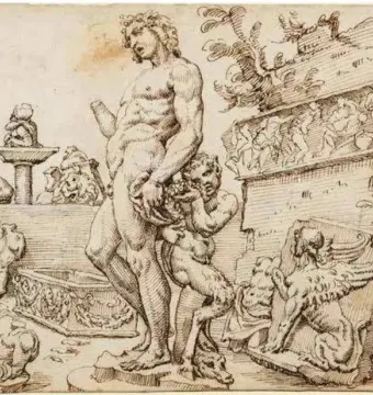 Bacchus, a muscular figure holding grapes, with a satyr clinging to his leg