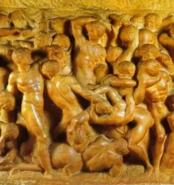 Battle of the Centaurs high-relief sculpture showing a chaotic struggle among intertwined human and centaur figures.