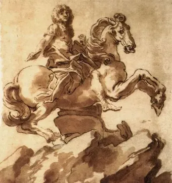 Sepia drawing of a rearing horse with a draped rider in a study for the Equestrian Statue of Louis XIV.