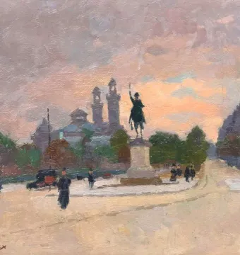 George Washington equestrian monument on a tall pedestal in a public square at dusk, with city buildings and pedestrians nearby.