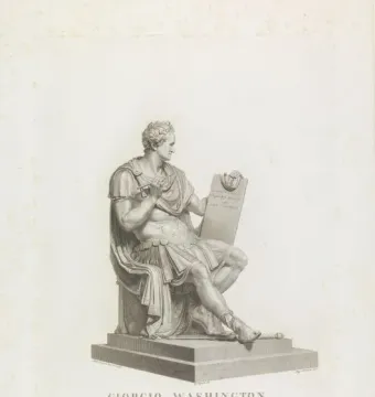 George Washington seated in classical attire, holding a pen and writing on a tablet.