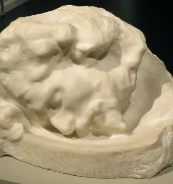 Head of Saint John the Baptist sculpture in white stone, shown resting horizontally in a bowl-like receptacle.