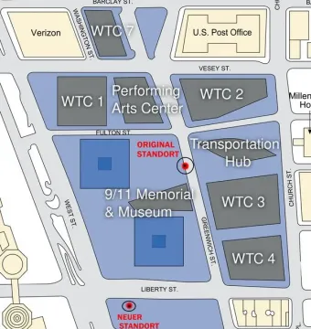 Map of the World Trade Center site showing The Sphere with red markers for its original and current locations.