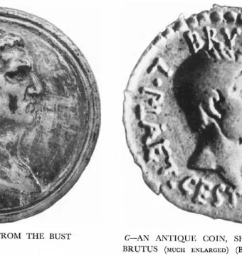 Detail of the Brutus bust fibula beside an antique coin showing a profile portrait of Brutus.
