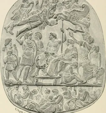 Oval monochrome relief of the Great Cameo of France showing densely arranged figures in three horizontal registers.