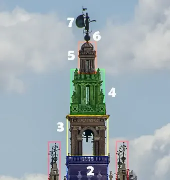 The upper tiers of the Giralda tower with the Giraldillo weather vane at the top, marked with numbered labels.
