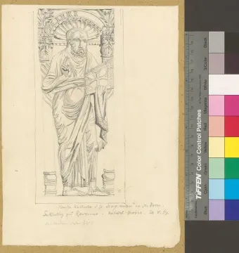 Pencil drawing of a bearded figure in draped robes holding a book within an arched frame, with handwritten text below and a color chart at the side.