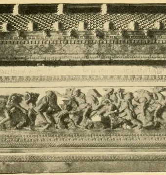Alexander Sarcophagus with a carved battle frieze and roof-shaped lid