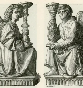 Two kneeling winged angels in flowing robes hold ornate candelabra.