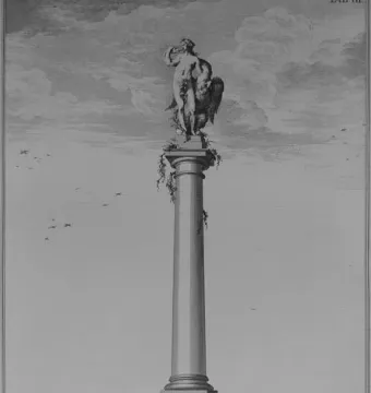 Engraving of Leda and the Swan atop a tall column above water, with swans nearby.