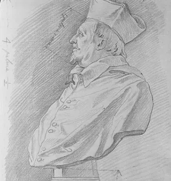 Pencil drawing of the Bust of Cardinal Scipione Borghese, shown in profile with clerical clothing and a hat, on a sculpted base with handwritten measurements around it.