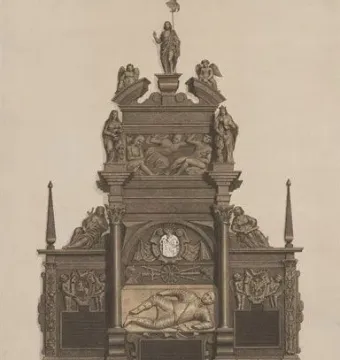 Engraved depiction of the Tomb of Lew Sapieha with multiple reclining figures and a standing figure at the top.
