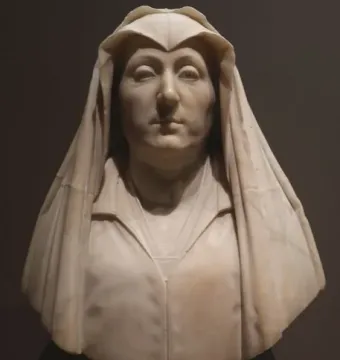 Marble bust of Camilla Barbadori with a draped head covering and serious expression.