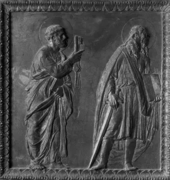 Bronze relief from Donatello’s Door of the Apostles showing two haloed robed figures, one holding a key and the other a sword and book.