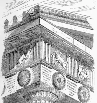 Parthenon metope reliefs on an ancient corner section with fluted columns and ornate moldings.