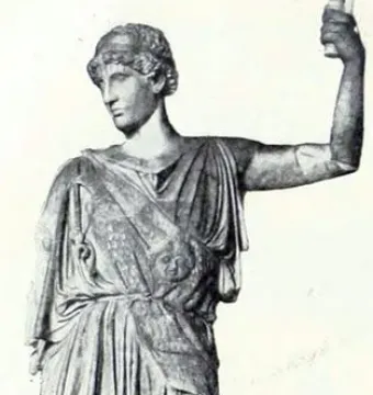Athena Lemnia statue of a draped female figure with her head turned left and one arm raised holding a cylindrical object.