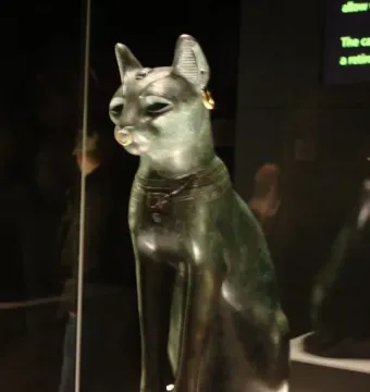 The Gayer-Anderson Cat bronze statue with a nose ring, earring, and decorative collar on a white pedestal.