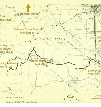 Map showing the route of Running Fence with labeled roads, landmarks, and historical sites.