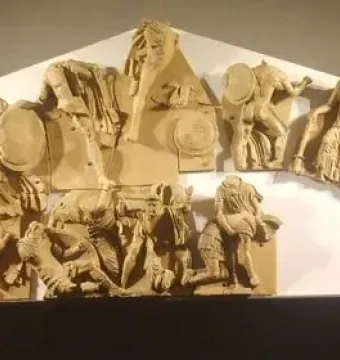Talamone Pediment terracotta relief with warriors, horses, and chariot scenes